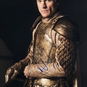 Nikolaj Coster-Waldau as Jaime Lannister in golden armor from Game of Thrones, signed in blue marker