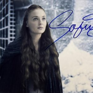 Sophie Turner as Sansa Stark sitting in the snow in Game of Thrones, signed 8.5x11 photo