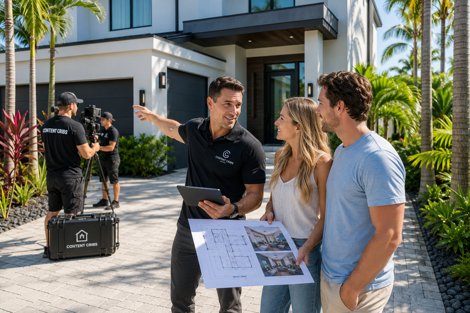 A Content Cribs consultant reviewing property plans with homeowners outside a modern South Florida home while a production team films the consultation.
