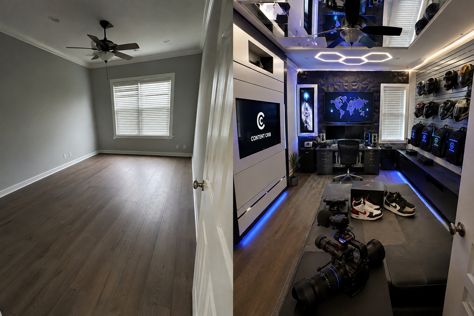 Before-and-after bedroom converted into a Content Crib studio