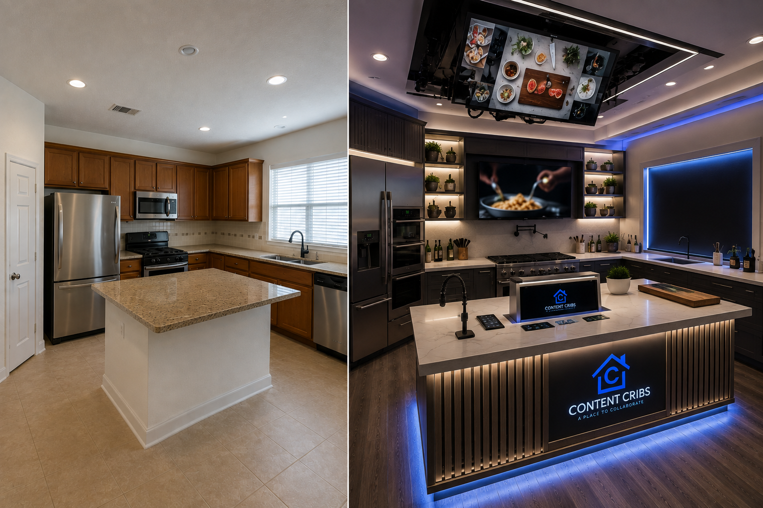 Before-and-after kitchen converted into a Content Crib culinary studio